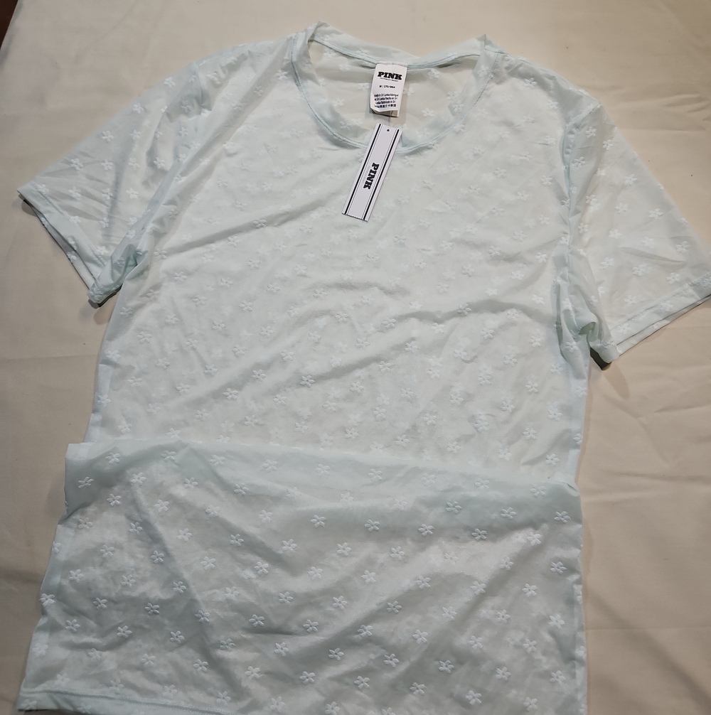 PINK Victoria's Secret Pale Blue Short Sleeve Tee with Floral Embroider